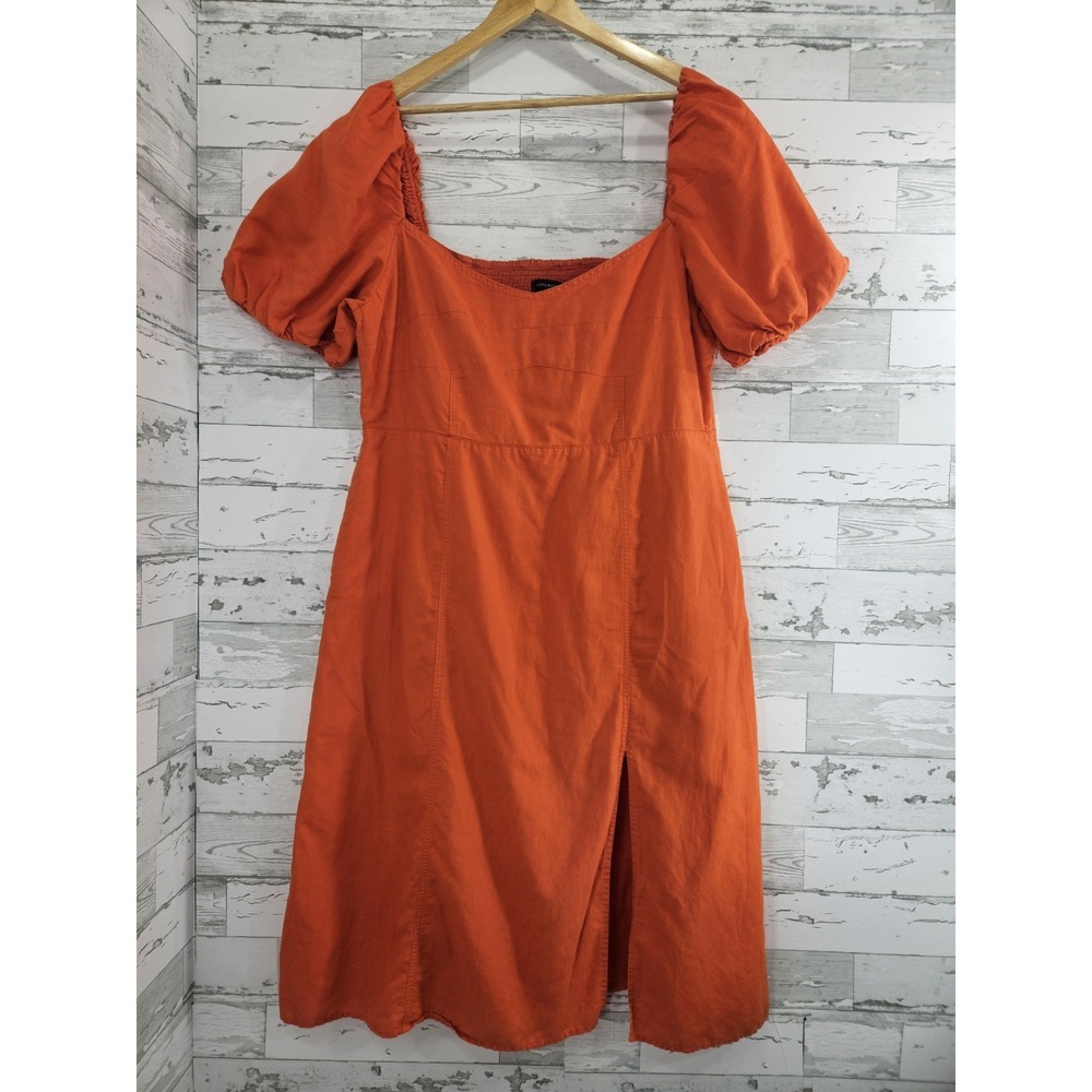 Banana Republic Puff Sleeve Linen Cotton Orange Midi Dress Womens 20